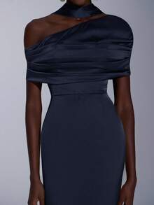 Elitara 优雅、浪漫、性感、时尚、绿色、弹力缎面、鱼尾下摆、拖尾、潮流、网红、假日、度假、生日派对、婚礼、伴娘礼服 - 藏蓝色 - 查看 4