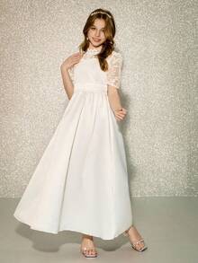 Satin Lace Patchwork Embroidered Mesh Dress, High-End White Formal Dress For Tween Girl - White - View 3
