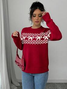 Selianne Áo len chui đầu thường ngày cổ tròn trang trí nơ Jacquard - Đỏ - Xem 5