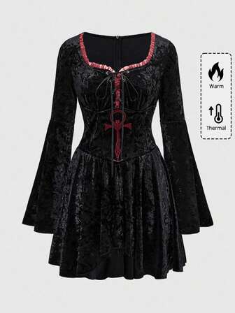 Goth Vestido corto de manga abullonada con patrón bordado de símbolo, tótem y pentagrama de bruja en tela de terciopelo estilo gótico y retro