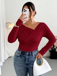 Firerie Tuta elegante e minimalista di moda sexy per taglie forti, adatta per pendolarismo, festival musicali, vacanze, con collo asimmetrico, drappeggiata, manica lunga elasticizzata, autunno/inverno - Bordò - Visualizzare 5