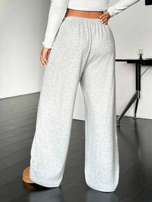 SHEIN EZwear 大码女式灰色休闲抽绳腰运动裤，秋冬，女式秋季服装阔腿运动裤女式运动裤舒适裤休闲裤灰色运动裤女式 - 灰色 - 查看 2