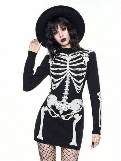 Goth Vestido de suéter tejido con jacquard de esqueleto gótico para mujeres