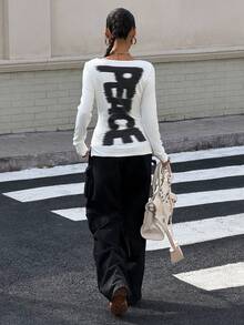 SHEIN Muchic Women's Letter Print Fitted Long Sleeve T-Shirt, White Y2k Top - White - View 5