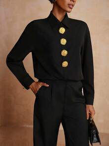 Vesra Women's Fashion Gold Decor Button Long Sleeve Top And Pants 2 Pieces Set Black Button Up Shirt - Black - View 7