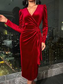 EMERY ROSE Autumn Elegant Velvet Wrap Dress Maxi Women Outfit - Red - View 6