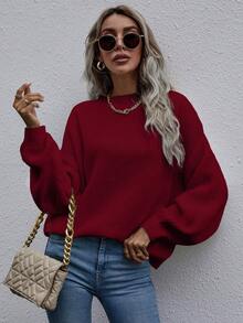 SHEIN LUNE Women's Solid Color Drop Shoulder Long Sleeve Loose Casual Pullover Sweater, Autumn/Winter - Red - View 6