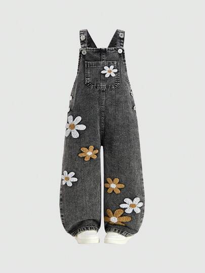 SHEIN ChillGRL Young Girl Floral 3D Decor Denim Bib Overalls Sunflower Girls Outfit Young Girl Outfit Set