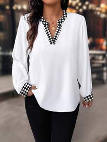 SHEIN PETITE Petite Series Women Houndstooth Pattern Patchwork Long Sleeve Casual Shirt