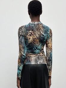 Maija 2026新款斑马纹和豹纹长袖修身性感时尚上衣，现代优雅都市通勤日常百搭浪漫休闲90年代感恩节派对、海滩、毕业典礼、假日、婚礼宾客、约会、派对、音乐会、舞台表演、早午餐、机场、圣帕特里克节女装复活节夏季复活节女装派对上衣海滩夏季假日海滩度假夏季外出毕业 - 彩色 - 查看 3
