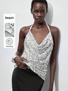 Maija Women's Solid Color Plunging Neckline Sequin Sexy Fashion Draped Neck Camisole Halloween Costumes Christmas Women's Clothing   Party Outfit Sequin Top  White Top Halloween Costumes  Sequin Top White Top Sexy Halloween Costumes For Women