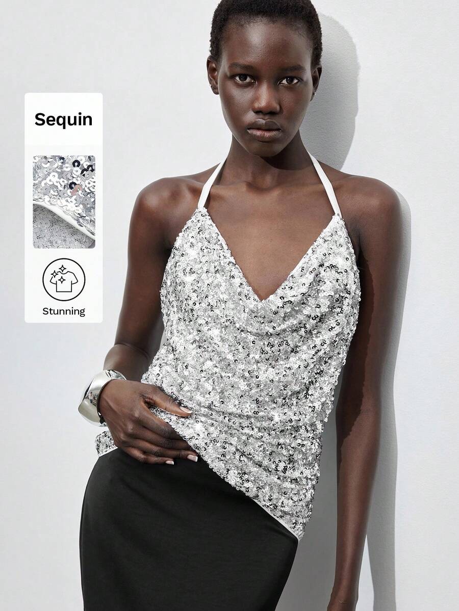 Maija Women's Solid Color Plunging Neckline Sequin Sexy Fashion Draped Neck Camisole Halloween Costumes Christmas Women's Clothing   Party Outfit Sequin Top  White Top Halloween Costumes  Sequin Top White Top Sexy Halloween Costumes For Women