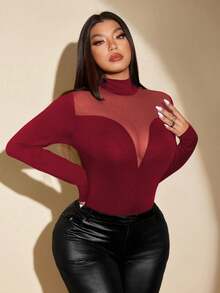 NU&NOW Plus Size Women Solid Color Mesh Long Sleeve Mock Neck Slim Fit Burgundy T-Shirt For Spring - Burgundy - View 3