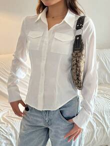 SHEIN Teen Girls Button-Up Long Sleeve Shirt With Front Chest Pocket - White - View 6