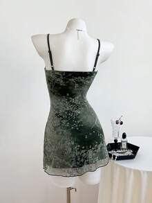 Elamini 女式夏季度假风格植绒复古生菜边修身吊带背心连衣裙 - 薄荷綠 - 查看 2