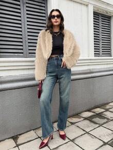 Firerie 女士时尚优雅简约酒红色仿皮草短外套，秋冬新款 - 卡其色 - 查看 3