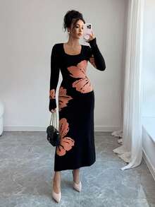 Elenzga Square Neck Jacquard Knit Bodycon Waist Sweater Dress - Orange - View 3