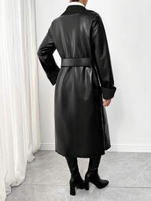 SHEIN Unity 女士休闲撞色滚边长袖口袋仿毛皮拼接保暖外套 - 黑色 - 查看 2