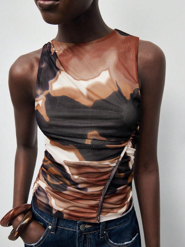 SHEIN Maija New Tie-Dye Floral Print Round Neck Sleeveless Ruched Design Women Tank Top, Spring/Summer St Patrick's Day Women Easter Summer Easter Women Party Top Beach Summer Holiday Each Vacation For Women Summer For Women Going Out Graduation Casual For Women