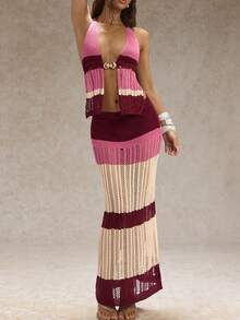 SHEIN Glamour Pink Stripe,Autumn,Boho,Vacation,Holiday Ladies' Elegant Knit Sleeveless Top & Long Hem Skirt Two Pieces Set,Fashion Crochet Party Outfit - Multicolor - View 8