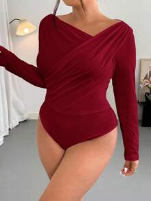 Firerie Tuta elegante e minimalista di moda sexy per taglie forti, adatta per pendolarismo, festival musicali, vacanze, con collo asimmetrico, drappeggiata, manica lunga elasticizzata, autunno/inverno - Bordò - Visualizzare 8