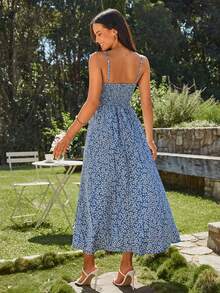 KARISMINA 2024 Spring Summer Holiday Ditsy Floral Print Spaghetti Strap Dress For Women