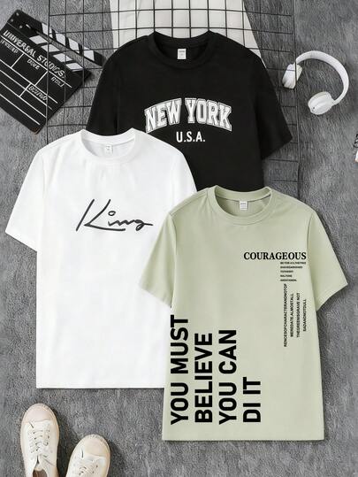 Set de 3 camisetas de manga corta y cuello redondo casuales para adolescentes varones