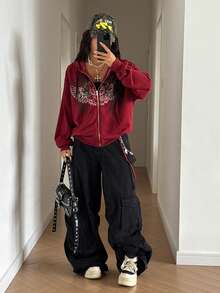 SHEIN HypeZone 女士 2000 年代风格休闲街头哥特图案印花 Y2K 宽松卫衣 - 酒紅色 - 查看 2