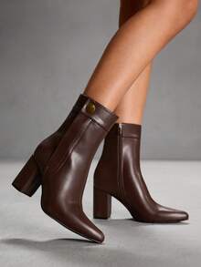 CUCCOO SZL 女式尖头侧拉链设计日常穿着高跟时尚靴子 - 咖啡棕 - 查看 7