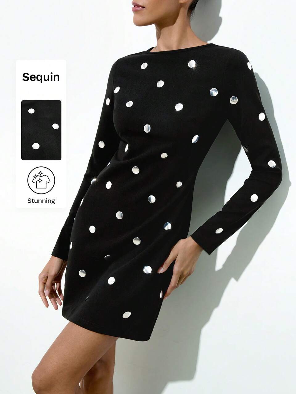 SHEIN Maija Women's Round Neck Long Sleeve Black And White Polka Dot Mini Dress,Elegant Sequin Metal Decor Fitted Silhouette For Autumn Party & Gala Occasions