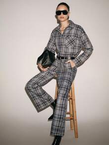 SHEIN Luminelle Bộ 2 món áo sơ mi dài tay ôm sát ve kẻ caro thường ngày + quần dài có túi xéo dành cho nữ - Màu xanh lam - Xem 1