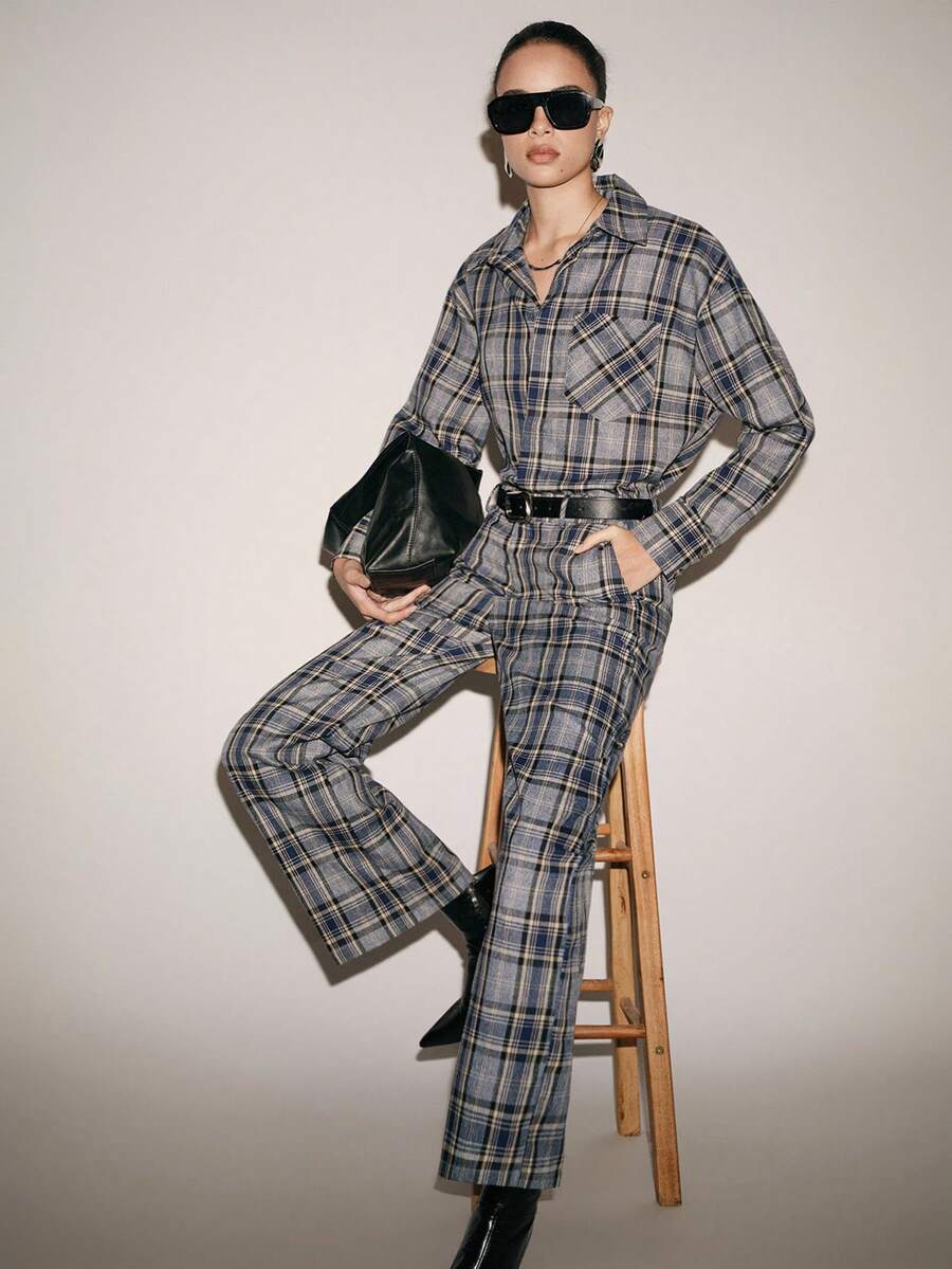 SHEIN Luminelle Bộ 2 món áo sơ mi dài tay ôm sát ve kẻ caro thường ngày + quần dài có túi xéo dành cho nữ - Màu xanh lam - Xem 1