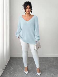 SHEIN Tall CURVE Plus Size Casual V-Neck Raglan Long Sleeve Pullover Sweater - Baby Blue - View 4