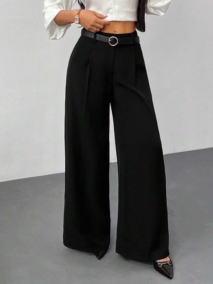 SHEIN PETITE 黑色纯色休闲百搭简约高腰阔腿裤小码版型秋冬 - 黑色 - 查看 1