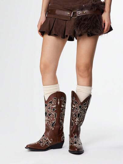 2025 Spring/Autumn Fashion Pointed Toe Embroidered New PU Brown Western Boots, Slim Fit Tall Boots, Chunky Heel Riding Boots For Women