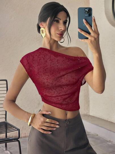 Firerie 女士优雅浪漫约会度假休闲通勤百搭亮片提花纹理不对称领修身衬衫，夏季