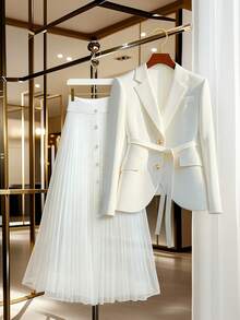 Franclia Elegant White Blazer Jacket & Mesh Skirt, Fashionable & Versatile 2 Pieces Suit Set, Autumn/Winter - Beige - View 3