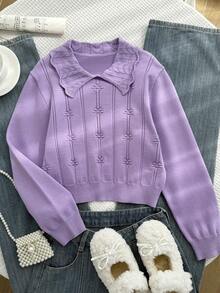SHEIN Tween Girls' Casual Solid Color Knit Sweater, Autumn/Winter - Purple - View 4