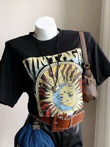 SHEIN EZwear Plus Size Loose Pink Sunflower Print T-Shirt, Spring/Summer - Black - View 4