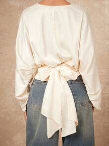 Lumalex VITNOSIvory Draped V-Neck Crop Top With Voluminous Long Sleeves, Soft Gathered Waist, Adjustable Wrap Tie Back & Fluid Satin-Like Finish Top, Spring/Summer, New Year Glamour, Wedding Season, Wedding Guest Outfits, Vacation Holiday Season Special Outfits, Party Outfits, Elegant Dress For Parties, Spring Dresses For Women, Formal Dress, Glamour Elegant Dress, ID Al-Adha, New Style Women, Luxury Dresses, Prom Gathering Party Banquet Modest Old Money Coquette Holiday Party Rave Festival Outing Vacation Hot Outdoor Richly Layered Wedding Season Banquet Christmas New Year Looks Of Party Valentine's Day Dress, Party Guidelines - Apricot - View 7