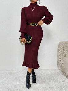 SHEIN Clasi Váy len ôm cổ cao màu trơn thời trang thu đông - Màu Đỏ Sâu - Xem 4