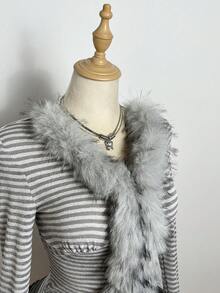 Elamini 2025秋冬新款女式修身V领条纹长袖上衣，性感款式 - 灰色 - 查看 6