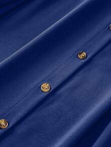 EMERY ROSE 加大码纯色前开襟长袖连衣裙，圣诞节女士长款套装 - 藍色 - 查看 3