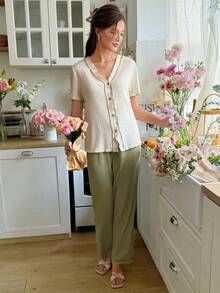 Snug Reverie Color-Block Short Sleeve Button-Front Top And Long Pants Women Sleepwear Set Outfit - Beige - View 4