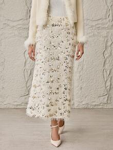 Modelyn Women's Solid Color Sequin Fluffy Skirt, Fashionable For Party Occasions - Apricot - View 3