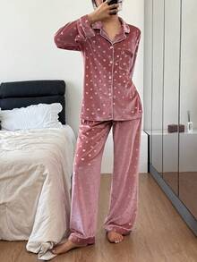 SHEIN Women's Turndown Collar Cardigan, Heart Jacquard Velvet Pajama Set With Long Sleeve And Long Pants Heart Print Pajamas Pink Pajama Set Soft Pajama Set, Fall & Winter Clothes Velvet Pajamas Soft Pajamas Pajama Set Heart Print Pajama Set Two Piece - Dusty Pink - View 1