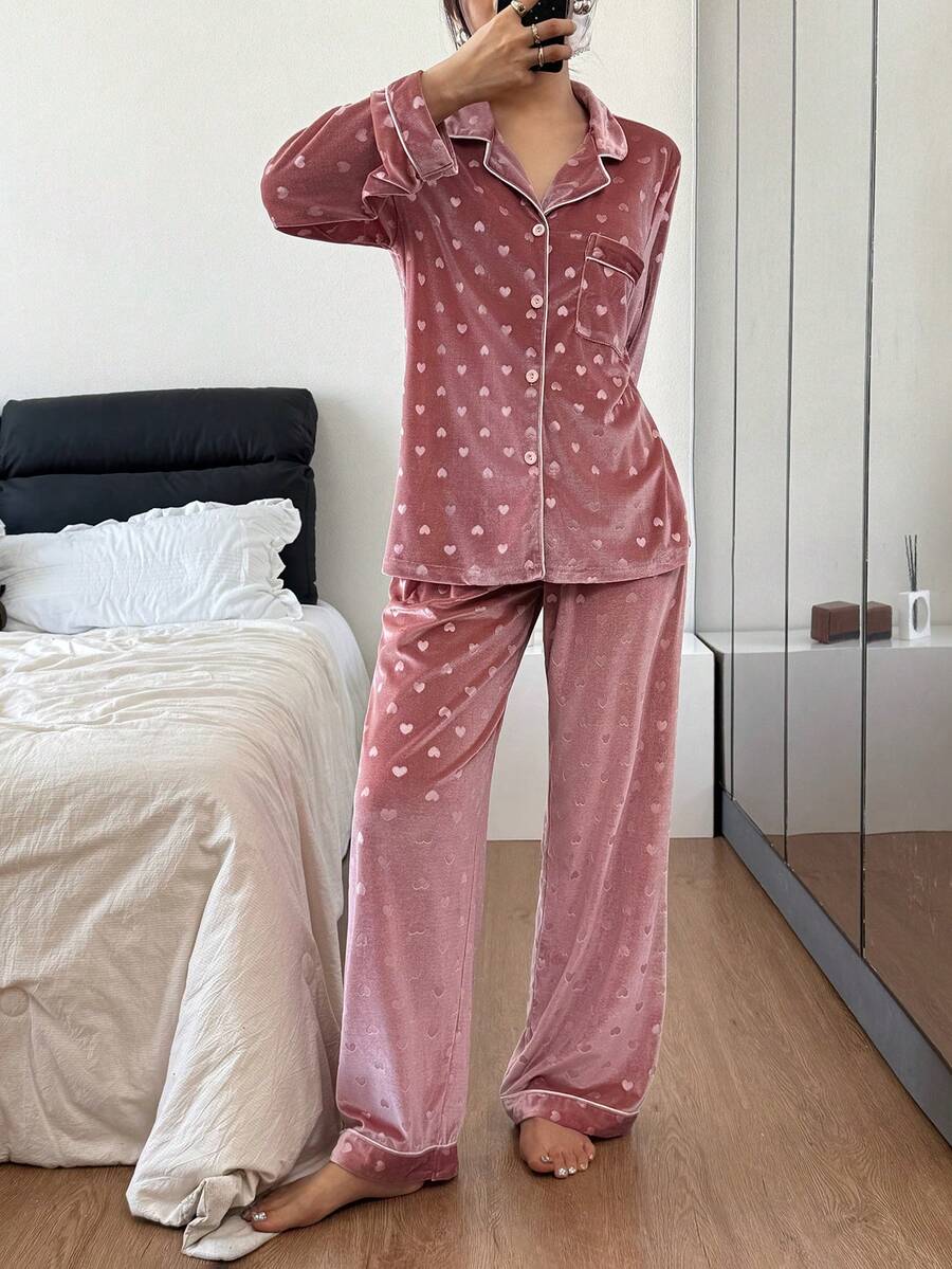 SHEIN Women's Turndown Collar Cardigan, Heart Jacquard Velvet Pajama Set With Long Sleeve And Long Pants Heart Print Pajamas Pink Pajama Set Soft Pajama Set, Fall & Winter Clothes Velvet Pajamas Soft Pajamas Pajama Set Heart Print Pajama Set Two Piece - Dusty Pink - View 1