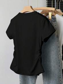 INAWLY 大码女式户外上衣，夏季修身褶皱腰部T恤，黑色，图案设计，字母印花，街头摄影，户外造型，女士必备，高周转率，休闲风格，假日约会，大码T恤 - 黑色 - 查看 2