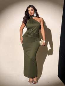 Viva Relle 大码女式时尚设计感约会派对音乐节万圣节新年纯色舒适面料户外派对金属扣装饰腰部收紧褶皱设计可调节领口优雅女式连衣裙 - 橄欖綠 - 查看 7