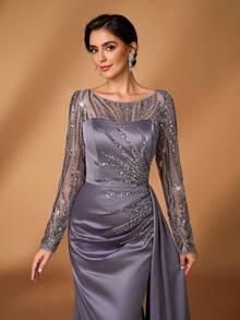 Serin Váy đuôi cá dài tay bằng vải satin co giãn, thêu hoa lưới đính ngọc trai và sequin sang trọng, thanh lịch, xẻ tà bên hông, thích hợp cho đám cưới, tiệc tùng, kỳ nghỉ, váy dạ hội cho cô dâu và mẹ cô dâu - Màu xám đen - Xem 4
